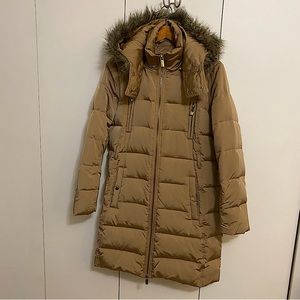 MANGO - women’s down-filled long puffer coat, faux fur detachable hood, size M